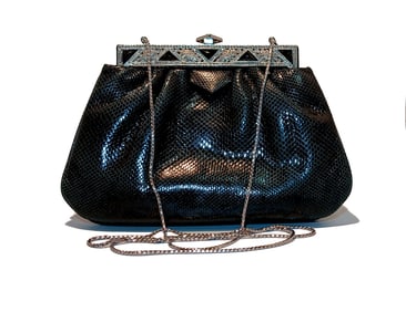 A STUNNING VINTAGE JUDITH LEIBER JEWELED PYTHON EVENING BAG ONYX MARCASITE DECO