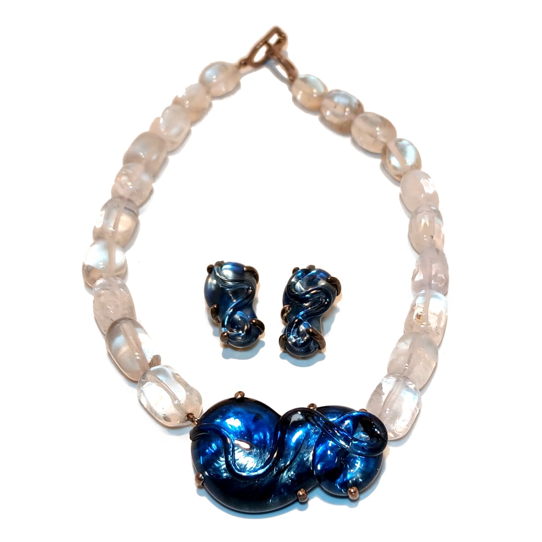 A FINE VINTAGE ROCK CRYSTAL STERLING SILVER+GLASS NECKLACE EARRING SET BY MARIQUITA MASTERSON