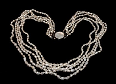 A SUPERB VINTAGE  5 STRANDS FRESHWATER RICE PEARLS NECKLACE  15"