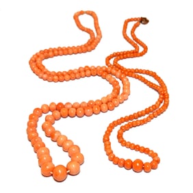 2 FINE ANTIQUE CORAL NECKLACES  19" AND 26"