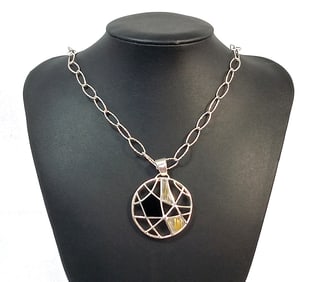 A BEAUTIFUL VINTAGE NECKLACE CHARLES GARNIER STERLING ONYX RUTILATED QUARTZ
