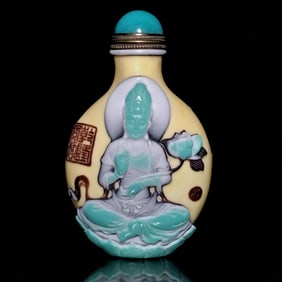 FINE CHINESE PEKING GLASS SNUFF BOTTLE 6 ARM GUANYIN QIANLONG SEAL