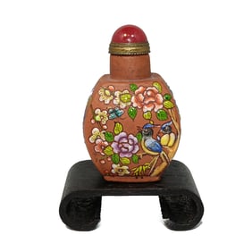 AN EXQUISITE ANTIQUE CHINESE 19TH C ENAMELED YIXING SNUFF BOTTLE