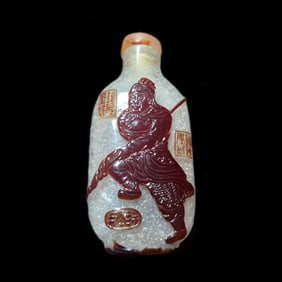 FINE ANTIQUE CHINESE SIGNED PEKING GLASS SNUFF BOTTLE WARRIOR 18-19C