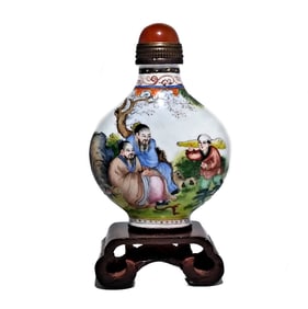FINE CHINESE ENAMEL ON COPPER BOYS ELDERS SNUFF BOTTLE QIANLONG MARK
