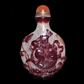 ANTIQUE FINE SIGNED PEKING GLASS SNUFF BOTTLE FISH LOTUS BOYS 18-19C