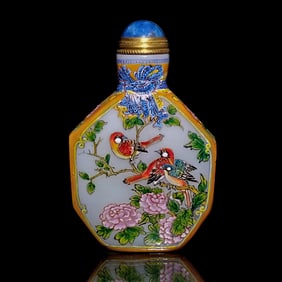 FINE CHINESE ENAMEL PEKING GLASS SNUFF BOTTLE PEONIES BIRDS YONGZHENG MARK