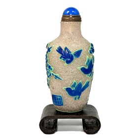 CHINESE SNUFF BOTTLE 3 LAYER PEKING GLASS BAMBOO BIRDS QIANLONG SEAL
