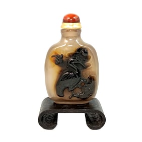 CHINESE SNUFF BOTTLE CARVED AGATE STORK DRAGONFLY SUN