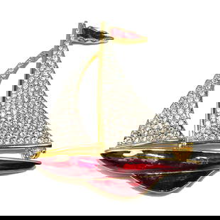 A WONDERFUL VINTAGE SIGNED SWAROVSKI BOAT BROOCH: THIS WONDERFUL VINTAGE SWAROVSKI BROOCH IS 2.5" BY 2.25". THE BROOCH IS SIGNED AND IT IS IN EXCELLENT CONDITION. WE PROVIDE FREE IN-HOUSE SHIPPING WITHIN THE U.S.