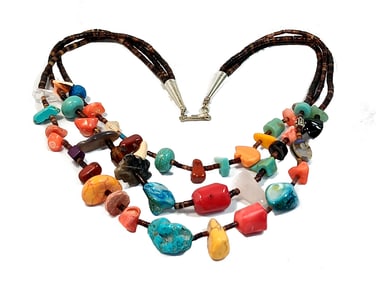 SUPERB VINTAGE SOUTHWESTERN 3 STRANDS NECKLACE JADE QUARTZ TURQUOISE CORAL