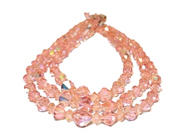 FINE VINTAGE 3 STRANDS PINK CRYSTALS NECKLACE 15"