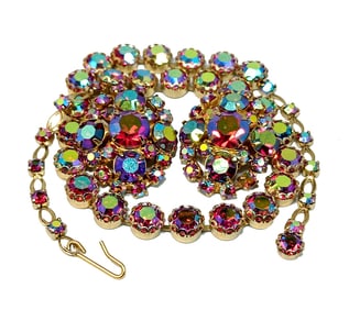 A RED AURORA BOREALIS NECKLACE AND EARRING SET MID CENTURY VINTAGE