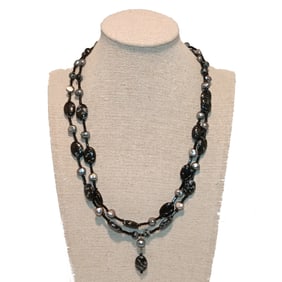 A BEAUTIFUL VINTAGE 2 STRANDS NECKLACE JASPER FRESHWATER PEARLS 17"