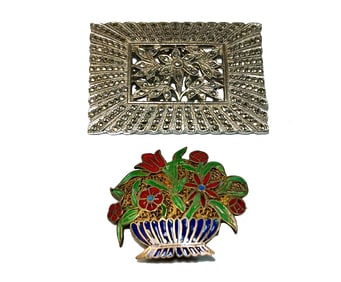 LOT OF 2 VINTAGE ART DECO STERLING BROOCHES MARCASITE AND ENAMEL