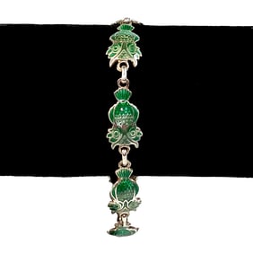 A VINTAGE MEXICO 980 GREEN ENAMEL STERLING BRACELET OWL BIRD
