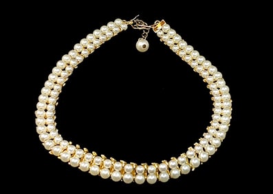 A HIGH-END VINTAGE FAUX PEARL RHINESTONE REVERSIBLE DAY-NIGHT NECKLACE 16"
