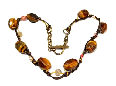 A SUPERB 20" VINTAGE NECKLACE BY SIGRID OLSEN TIGER'S EYE PEARL ROSE QUARTZ