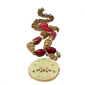 A WONDERFUL 26" VINTAGE SIGNED HOBE NECKLACE BROOCH ASIAN MOTIF