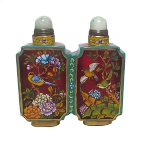A DOUBLE SNUFF BOTTLE CHINESE ENAMEL ON GLASS BIRDS FLORA QIANLONG MARK
