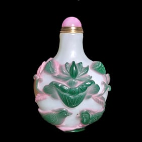 BEAUTIFUL CHINESE PEKING GLASS SNUFF BOTTLE MANDARIN DUCKS LOTUS FISH