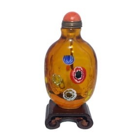 SUPERB CHINESE PEKING GLASS SNUFF BOTTLE MILLIFIORI AMBER GLASS