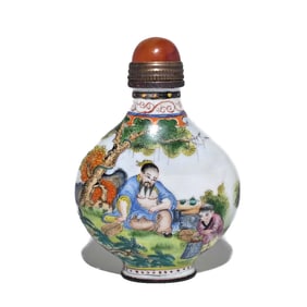FINE CHINESE ENAMEL ON COPPER BOYS ELDERS SNUFF BOTTLE QIANLONG MARK