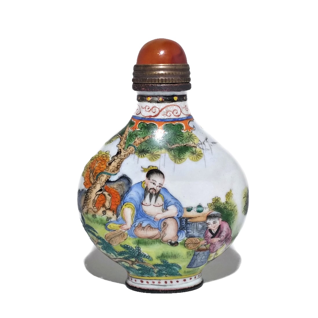 FINE CHINESE ENAMEL ON COPPER BOYS ELDERS SNUFF BOTTLE QIANLONG MARK (1 of 8)