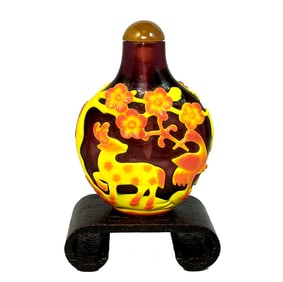 FINE ANTIQUE CHINESE PEKING GLASS SNUFF BOTTLE HORSE DEER STORK FLOWER TREE