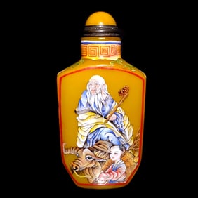 FINE CHINESE SNUFF BOTTLE SIGNED YELLOW GLASS ENAMEL IMMORTAL QIANLONG MARK