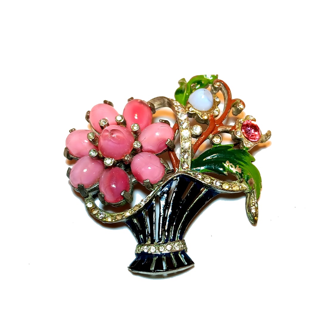 A SUPERB VINTAGE ENAMELED BASKET FLOWER BROOCH  POT  METAL (1 of 4)