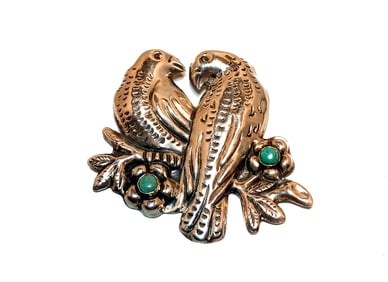 A FABULOUS VINTAGE SIGNED BROOCH BIRDS TURQUOISE MEXICO