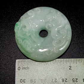 A FINE CHINESE CARVED JADEITE BI PENDANT DRAGON PHOENIX 2.25" D 77 GRAMS