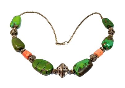 ANTIQUE SOUTHWESTERN NECKLACE STERLING TURQUOISE NATURAL CORAL