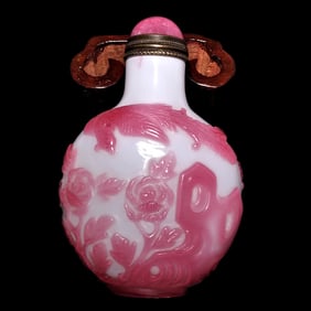 FINE ANTIQUE CHINESE PEKING GLASS SNUFF BOTTLE 18-19TH C PHOENIX PEONIES