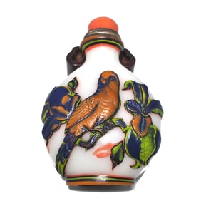 A FABULOUS LARGE CHINESE SNUFF BOTTLE RARE 6 COLORS SIGNED PARROTS POMEGRANATE
