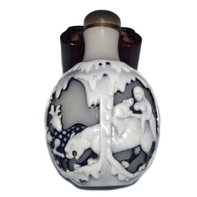 FINE ANTIQUE CHINESE PEKING GLASS SNUFF BOTTLE SNOW SCENE WOMAN TIGER CAMEL