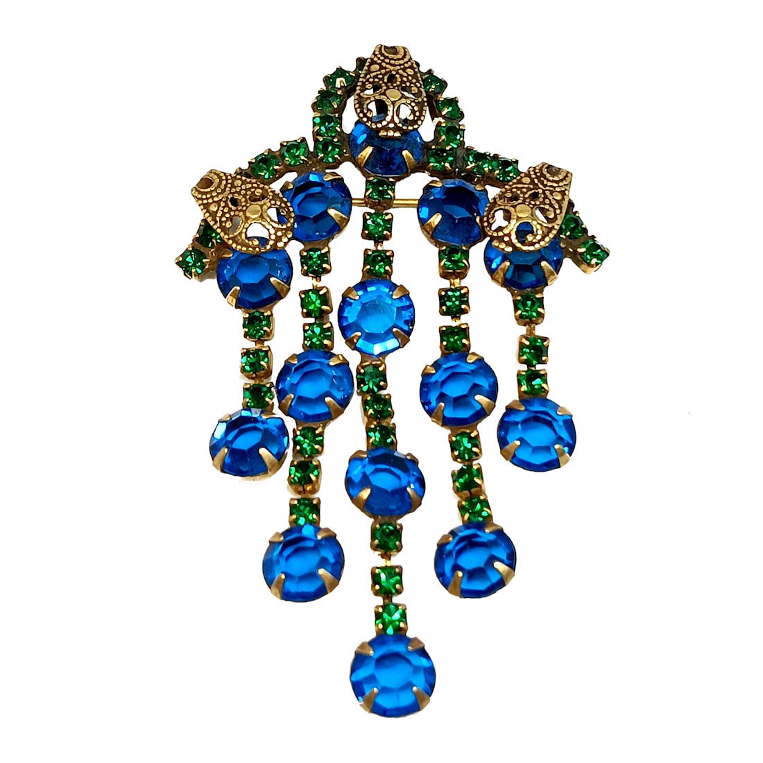 A SUPERB VINTAGE UNSIGNED ALICE CAVINESS BLUE RHINESTONES BROOCH / PENDANT: THIS SUPERB VINTAGE UNSIGNED ALICE CAVINESS BROOCH/PENDANT MEASURES 3" BY 1.75". WE PROVIDE FREE IN-HOUSE SHIPPING WITHIN THE U.S.