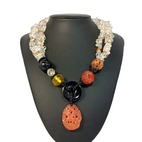 A FABULOUS VINTAGE NATURAL STONES NECKLACE ONYX AGATE CRYSTAL