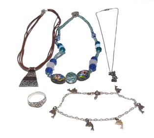 LOT 5 PIECES STERLING, 925 3 NECKLACES, BRACELET, RING