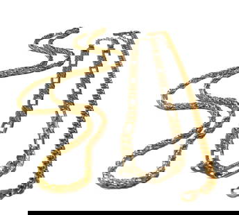 VINTAGE JEWELRY LOT GOLD FILLED GOLD SHELL  NECKLACES BRACELET: THIS LOT FEATURES 2 NECKLACES 23" LONG, WEIGHT 27.5g AND MARK 14K GS; THE OTHER ONE IS 15" LONG WITH EXTENSION, WEIGHT 19.5g AND MARKED GF 18K. THE BRACELET IS 10.5" LONG WITH EXTENSION, WEIGHT 13g AN