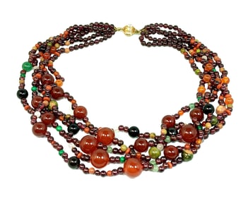 A FINE MULTI STRAND 16" GARNET CARNELIAN JADE NECKLACE 14K GOLD CLASP