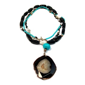 A FABULOUS VINTAGE BARSE NECKLACE 42" TURQUOISE ONYX MOTHER OF PEARL