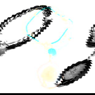 A FABULOUS VINTAGE BARSE NECKLACE 42" TURQUOISE ONYX MOTHER OF PEARL: THIS LOT INCLUDES A FABULOUS VINTAGE BARSE NECKLACE FROM NATURAL STONES, TURQUOISE, ONYX, MOTHER OF PEARL. THE NECKLACE IS 42" AND WEIGHS260 GRAMS. THE PENDANT IS 2.5" BY 2.4". WE PROVIDE FREE IN-HOUS
