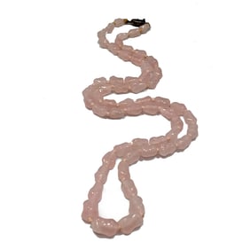 CHINESE EXPORT CARVED ROSE QUARTZ BEADS NECKLACE SILVER FILIGREE CLASP 27"