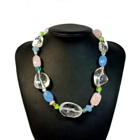 A FABULOUS ROCK QUARTZ , ROSE QUARTZ AND CHALCEDONY NECKLACE STERLING