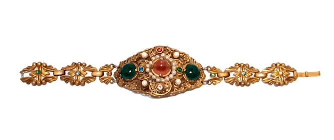 A FINE VINTAGE ART NOUVEAU CZECH BRACELET GOLD FILIGREE PEARLS STONES