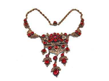 A BEAUTIFUL VINTAGE CZECH SILVER-TONE NECKLACE 14" RED RHINESTONES IN PRONGS