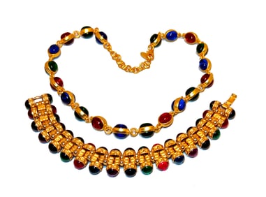 A FINE VINTAGE HIGH END JEWELRY SET GLASS NECKLACE BRACELET GOLD TONE METAL