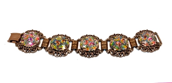 AN AMAZING VINTAGE JUDY LEE BRACELET MOLDED ART GLASS STONES 7.25"
